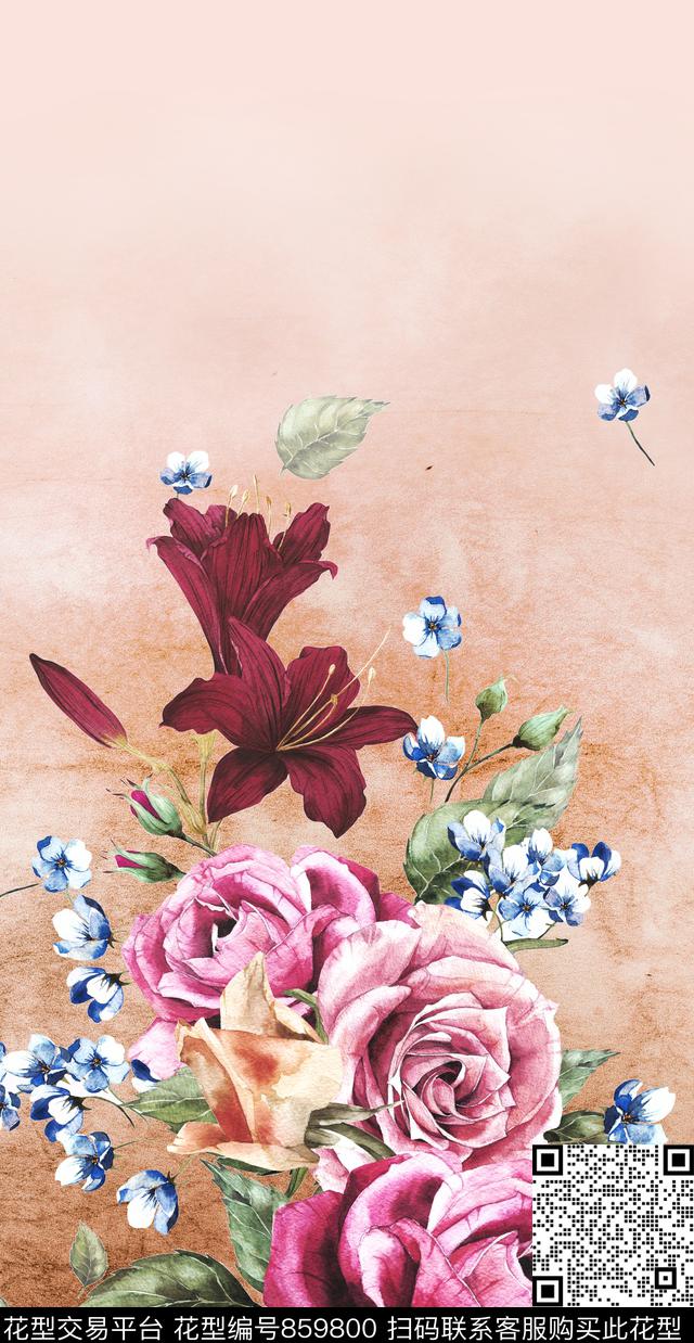 定位大气花卉玫瑰百合数码印花华亿平台下载（图片编号: 859800） - 瓦栏（Walan）