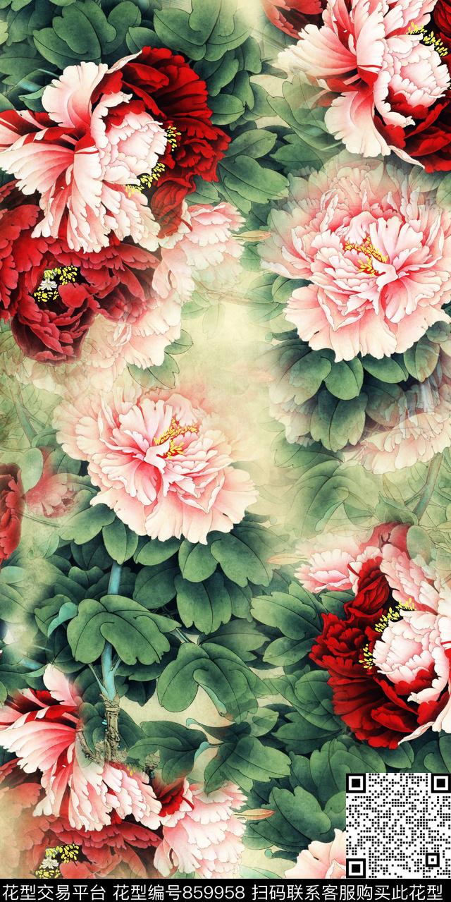 中国风花瓣花朵数码印花华亿平台下载（图片编号: 859958） - 瓦栏（Walan）