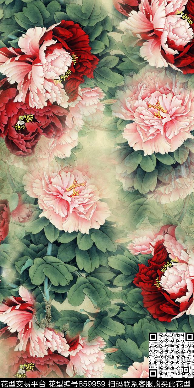 中国风花瓣花朵数码印花华亿平台下载（图片编号: 859959） - 瓦栏（Walan）
