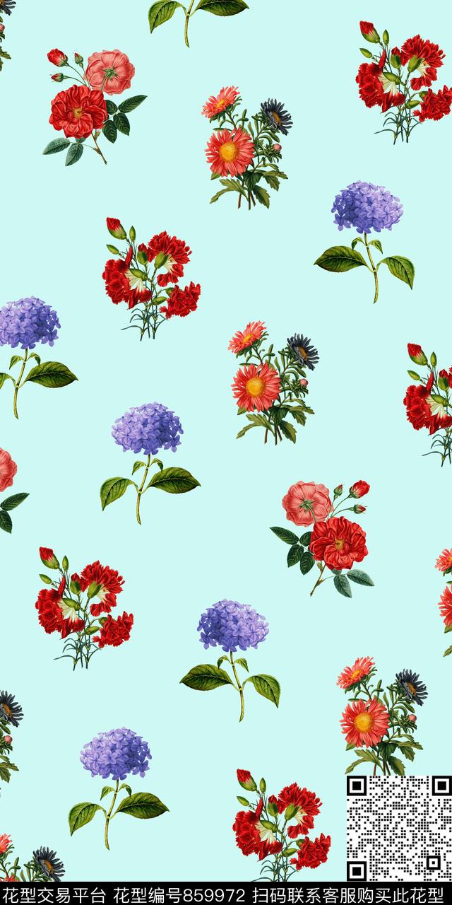 牵牛花罂粟花小碎花数码印花华亿平台下载（图片编号: 859972） - 瓦栏（Walan）