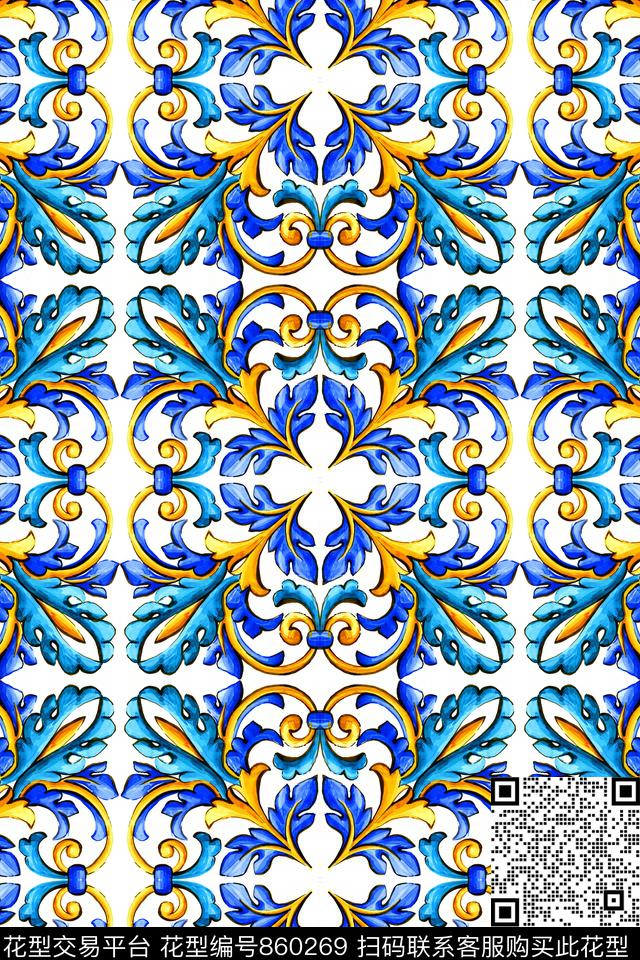 佩斯利中国风青花瓷数码印花华亿平台下载（图片编号: 860269） - 瓦栏（Walan）