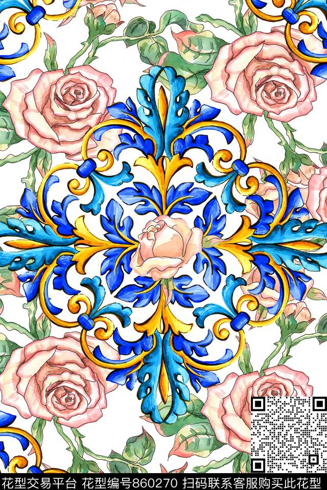 手绘花卉佩斯利宫廷风数码印花华亿平台下载（图片编号: 860270） - 瓦栏（Walan）