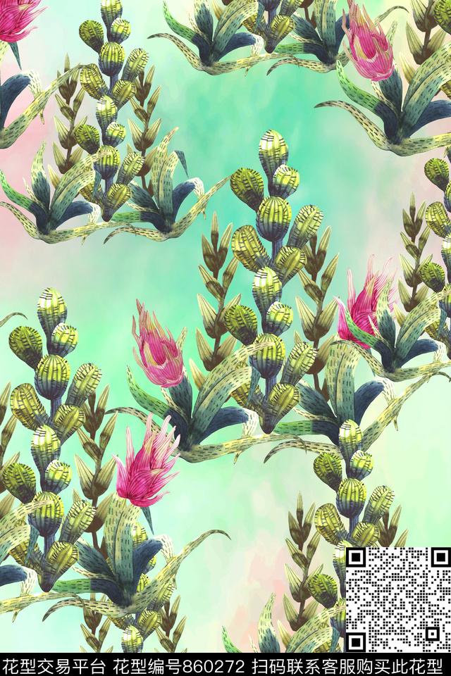 手绘花卉植物热带数码印花华亿平台下载（图片编号: 860272） - 瓦栏（Walan）