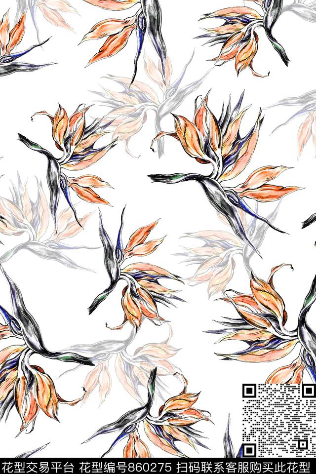 热带手绘花卉夏日小清新数码印花华亿平台下载（图片编号: 860275） - 瓦栏（Walan）