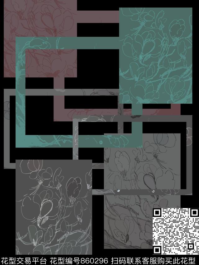 T恤印花手绘写意玉兰花方格传统印花华亿平台下载（图片编号: 860296） - 瓦栏（Walan）