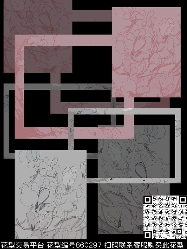 T恤印花手绘写意玉兰花方格传统印花华亿平台下载（图片编号: 860297） - 瓦栏（Walan）