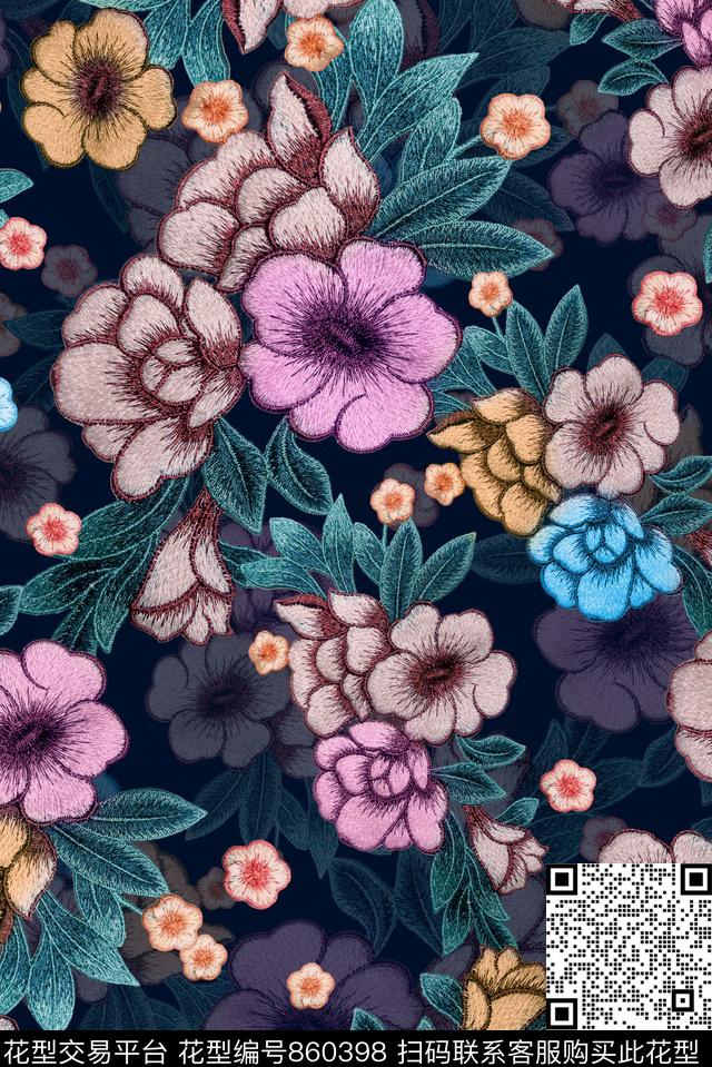 小碎花花卉刺绣数码印花华亿平台下载（图片编号: 860398） - 瓦栏（Walan）