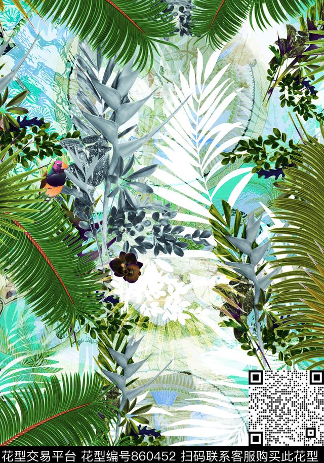 蓝天树叶夏天数码印花华亿平台下载（图片编号: 860452） - 瓦栏（Walan）