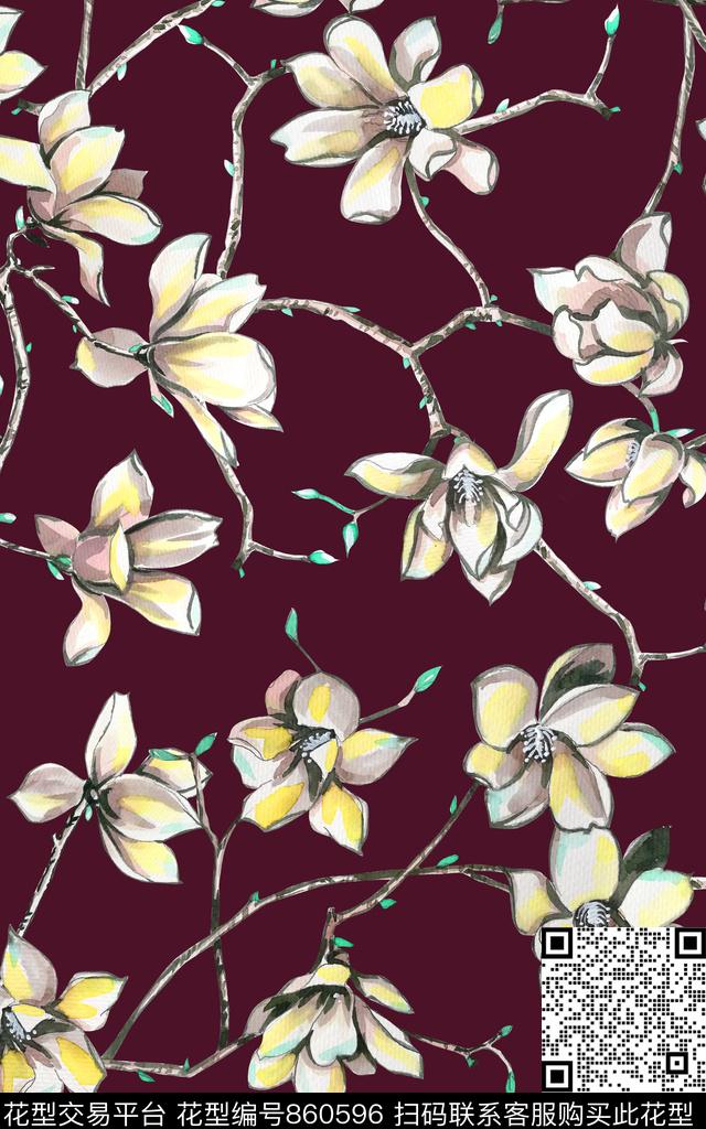 玉兰花木兰花花卉传统印花华亿平台下载（图片编号: 860596） - 瓦栏（Walan）