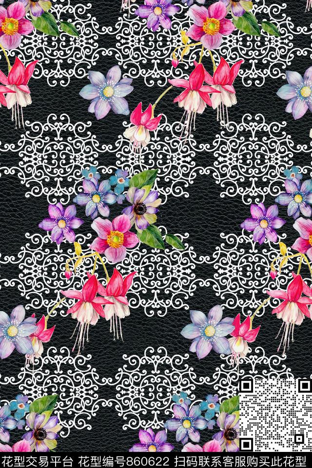 时尚手绘卷草数码印花华亿平台下载（图片编号: 860622） - 瓦栏（Walan）