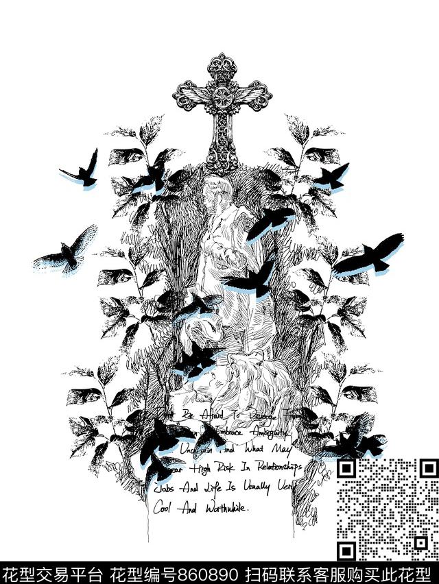 抽象树叶鸟十字架传统印花华亿平台下载（图片编号: 860890） - 瓦栏（Walan）