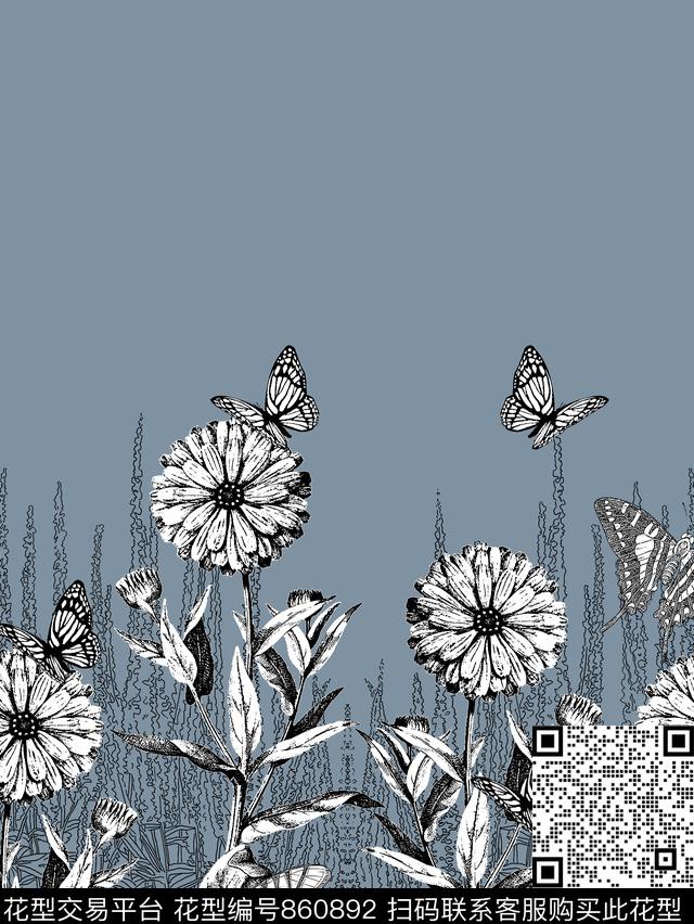 抽象花卉纹理蝴蝶传统印花华亿平台下载（图片编号: 860892） - 瓦栏（Walan）