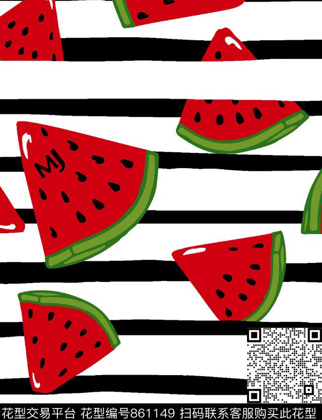 西瓜水果条纹传统印花华亿平台下载（图片编号: 861149） - 瓦栏（Walan）