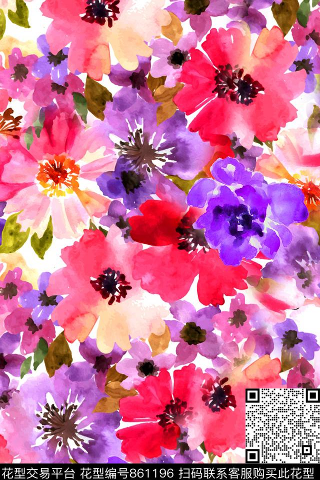 多彩花朵大花数码印花华亿平台下载（图片编号: 861196） - 瓦栏（Walan）