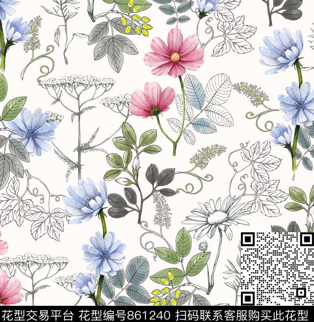 手绘花野花国画感觉数码印花华亿平台下载（图片编号: 861240） - 瓦栏（Walan）