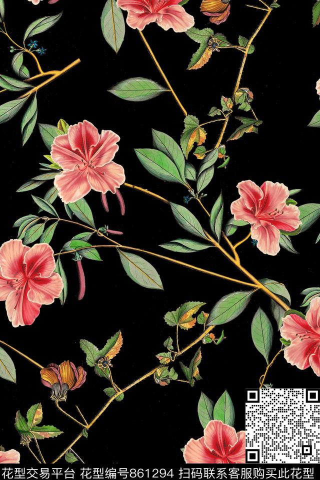 花卉映山红叶子数码印花华亿平台下载（图片编号: 861294） - 瓦栏（Walan）
