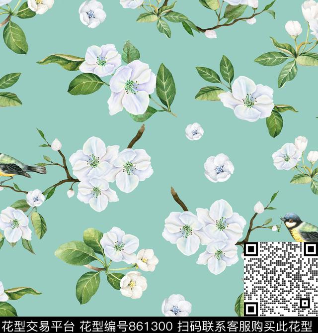 手绘花水彩花栀子花数码印花华亿平台下载（图片编号: 861300） - 瓦栏（Walan）