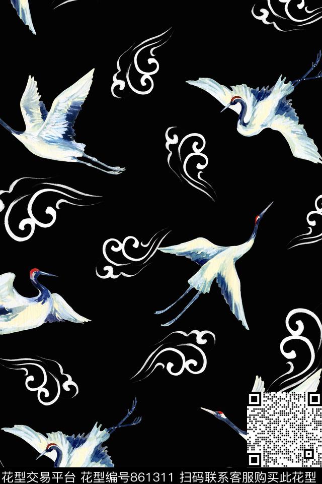 中国风仙鹤祥云传统印花华亿平台下载（图片编号: 861311） - 瓦栏（Walan）