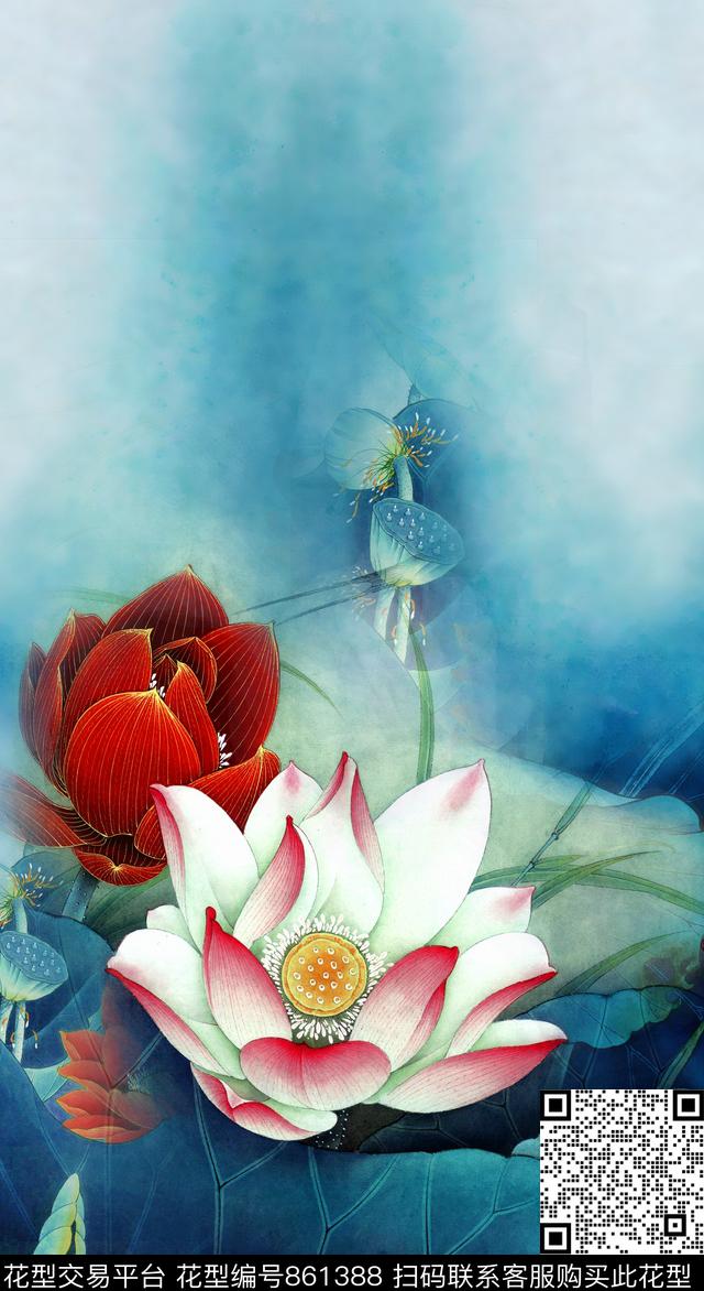 荷花水墨荷叶数码印花华亿平台下载（图片编号: 861388） - 瓦栏（Walan）