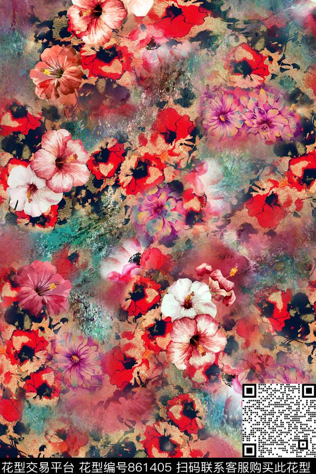 花朵花卉朦胧数码印花华亿平台下载（图片编号: 861405） - 瓦栏（Walan）