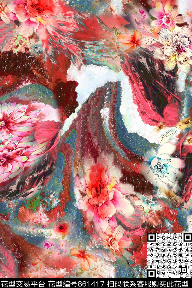 大花花朵花卉数码印花华亿平台下载（图片编号: 861417） - 瓦栏（Walan）