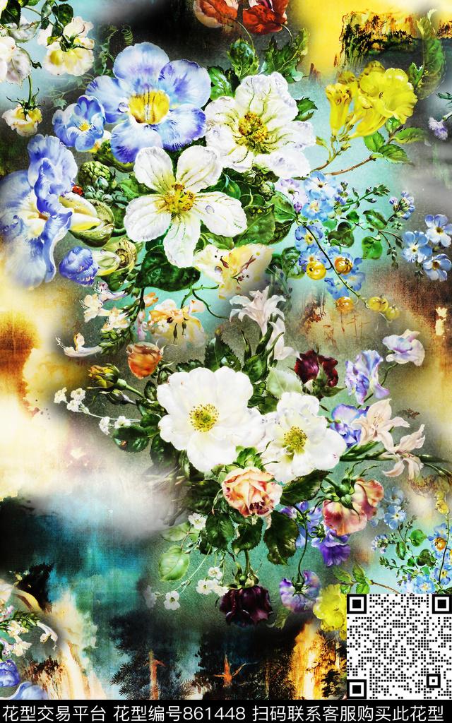 花卉花朵晕染数码印花华亿平台下载（图片编号: 861448） - 瓦栏（Walan）