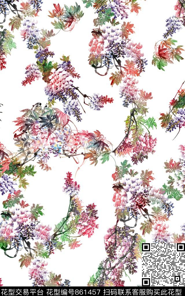 中国风水墨花卉数码印花华亿平台下载（图片编号: 861457） - 瓦栏（Walan）
