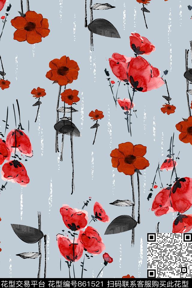 中国风水彩花卉罂粟花数码印花华亿平台下载（图片编号: 861521） - 瓦栏（Walan）