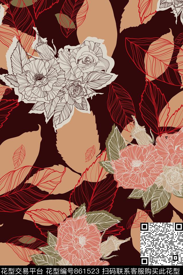 玫瑰18-春夏青舞-花卉传统印花华亿平台下载（图片编号: 861523） - 瓦栏（Walan）