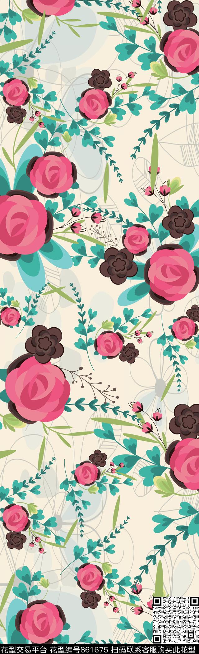 花朵花卉长巾传统印花华亿平台下载（图片编号: 861675） - 瓦栏（Walan）