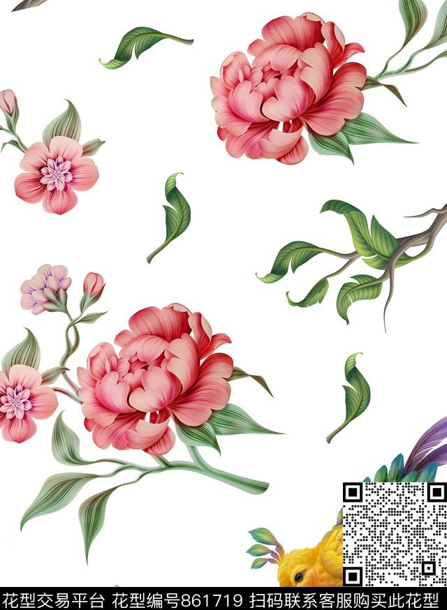 手绘花花卉鸟数码印花华亿平台下载（图片编号: 861719） - 瓦栏（Walan）