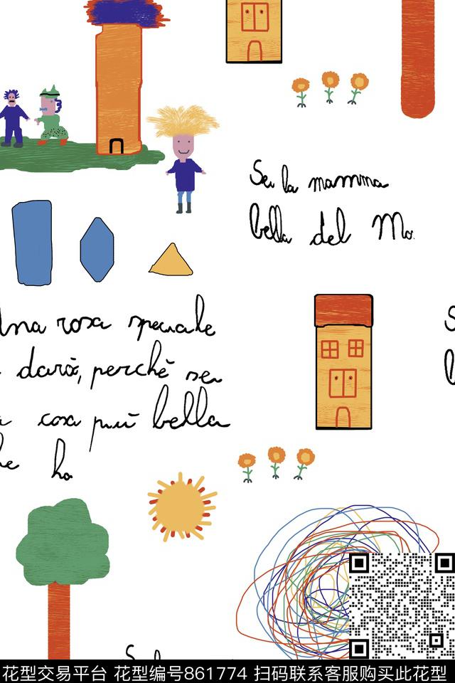 专色底卡通涂鸦数码印花华亿平台下载（图片编号: 861774） - 瓦栏（Walan）