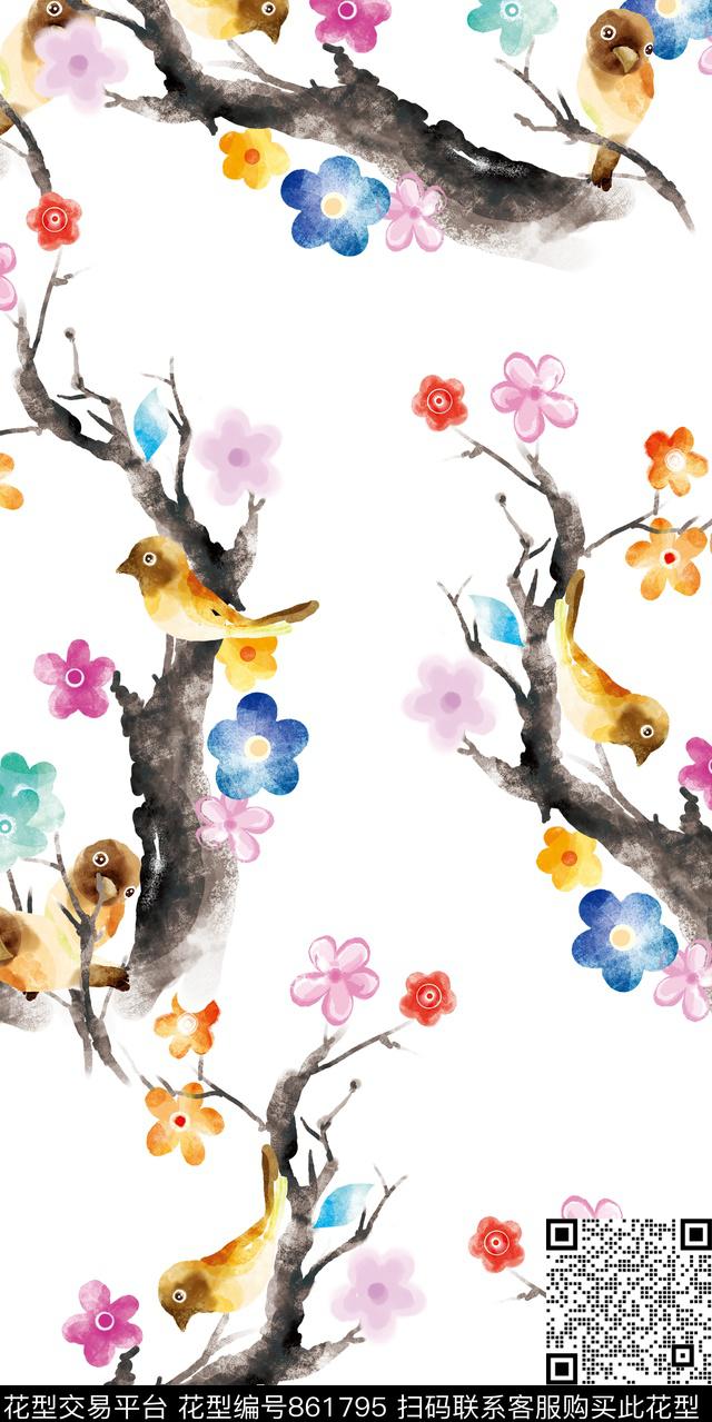 花鸟花卉梅花数码印花华亿平台下载（图片编号: 861795） - 瓦栏（Walan）