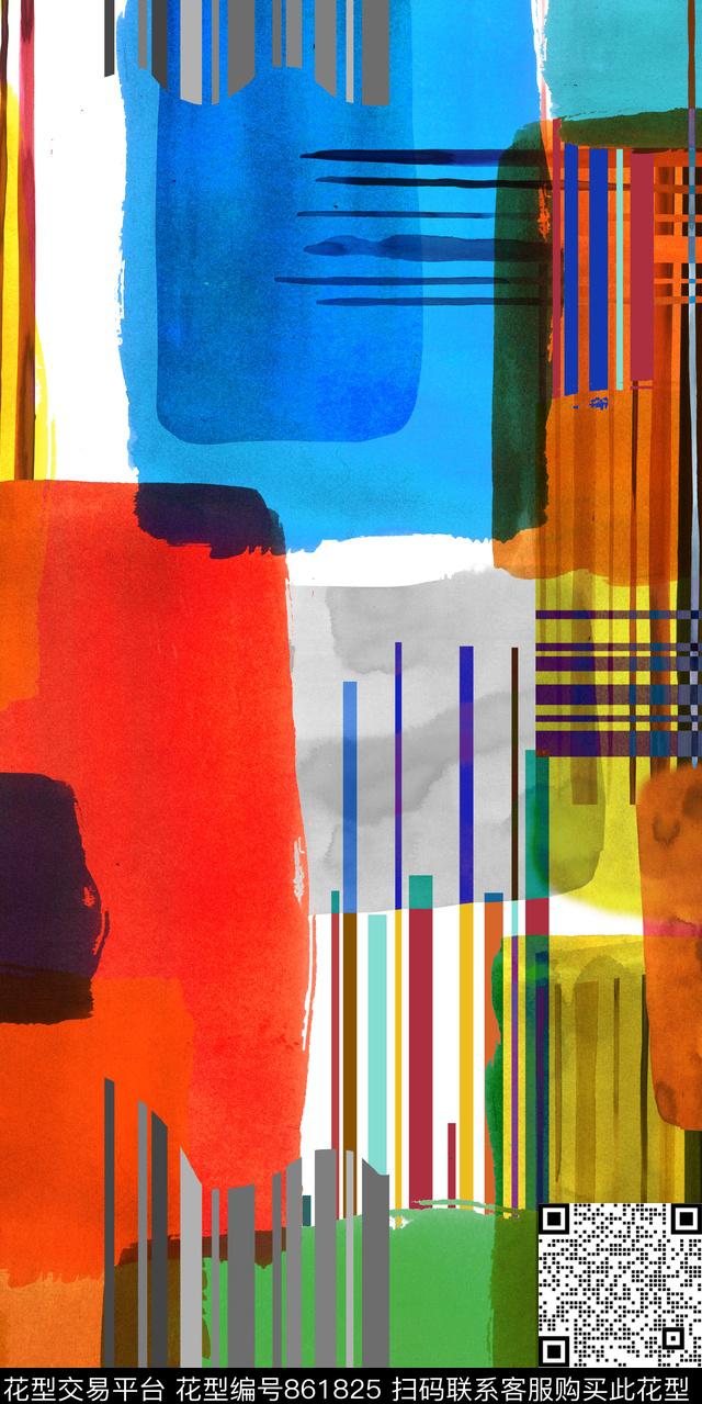 抽象条纹色块数码印花华亿平台下载（图片编号: 861825） - 瓦栏（Walan）