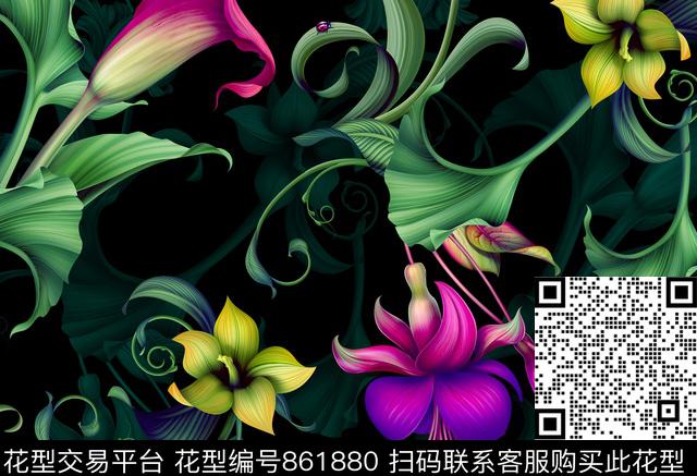手绘花花卉花朵数码印花华亿平台下载（图片编号: 861880） - 瓦栏（Walan）