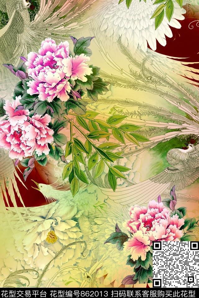 中国风牡丹凤凰数码印花华亿平台下载（图片编号: 862013） - 瓦栏（Walan）