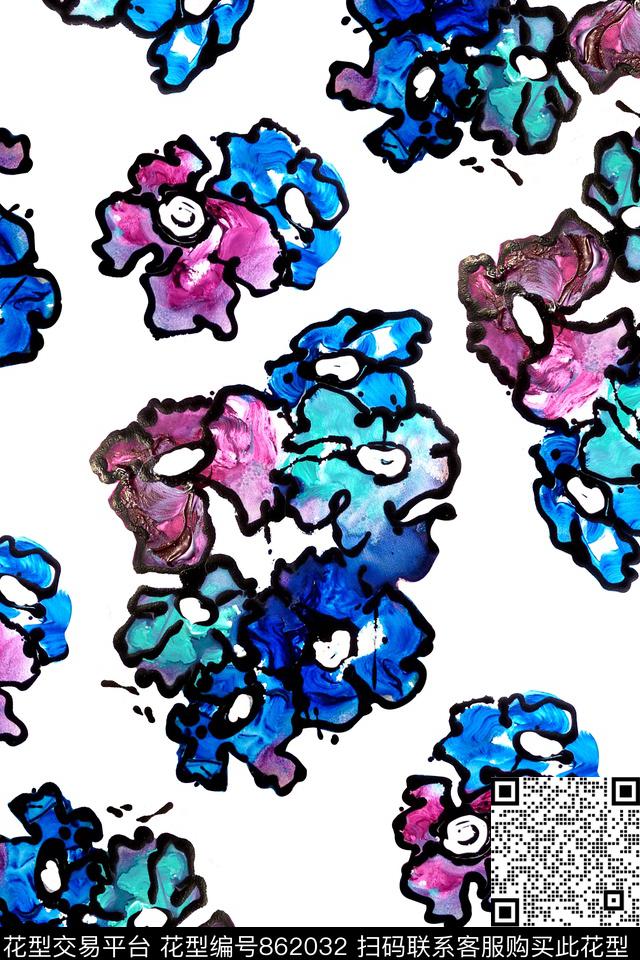 花卉水彩抽象数码印花华亿平台下载（图片编号: 862032） - 瓦栏（Walan）