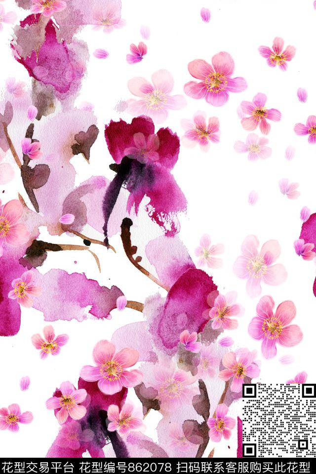 中国风小碎花桃花数码印花华亿平台下载（图片编号: 862078） - 瓦栏（Walan）