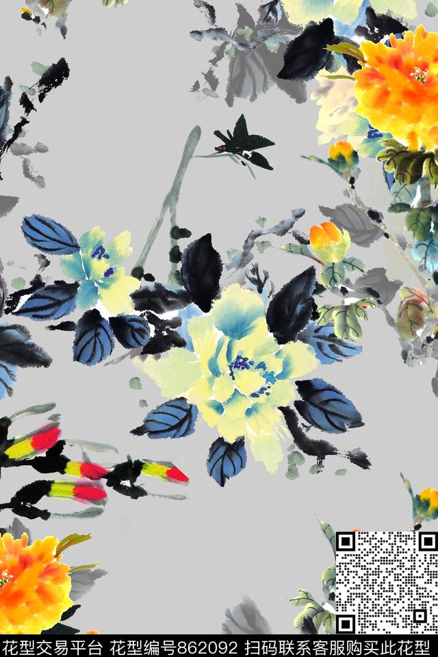 水墨花卉写意数码印花华亿平台下载（图片编号: 862092） - 瓦栏（Walan）