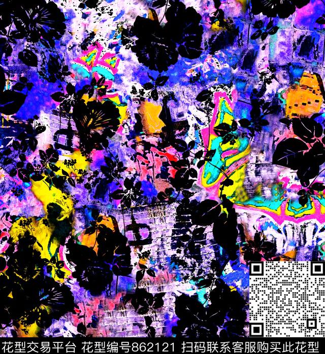 笔刷纹理花卉数码印花华亿平台下载（图片编号: 862121） - 瓦栏（Walan）