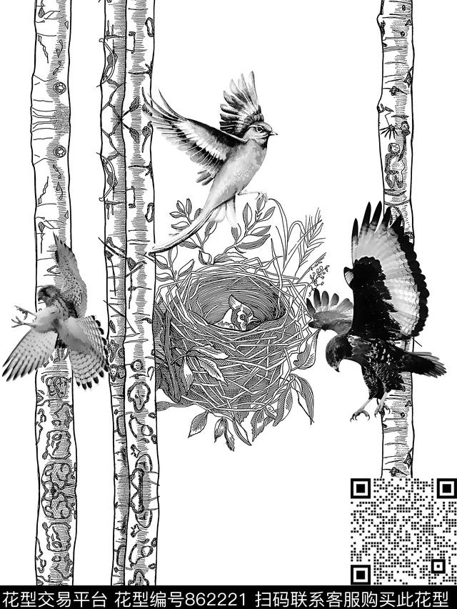 树木纹理鸟巢飞鸟传统印花华亿平台下载（图片编号: 862221） - 瓦栏（Walan）