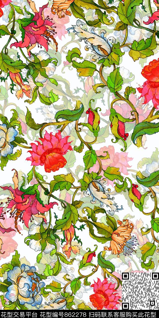 大花乱花花朵数码印花华亿平台下载（图片编号: 862278） - 瓦栏（Walan）