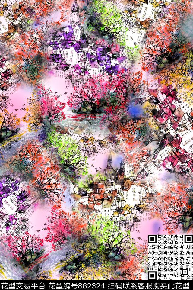 叶子小碎花花卉数码印花华亿平台下载（图片编号: 862324） - 瓦栏（Walan）