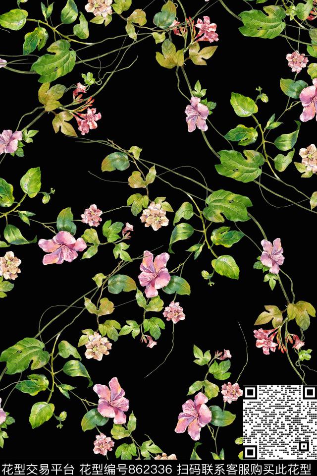 藤蔓乱花手绘花卉数码印花华亿平台下载（图片编号: 862336） - 瓦栏（Walan）