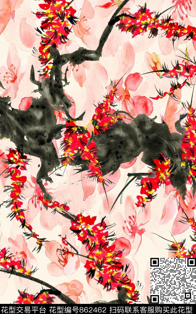 水墨中国风花卉数码印花华亿平台下载（图片编号: 862462） - 瓦栏（Walan）