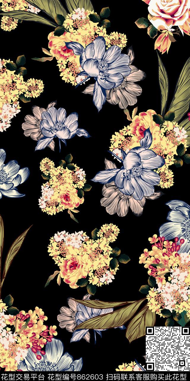 康乃馨兰花牡丹数码印花华亿平台下载（图片编号: 862603） - 瓦栏（Walan）