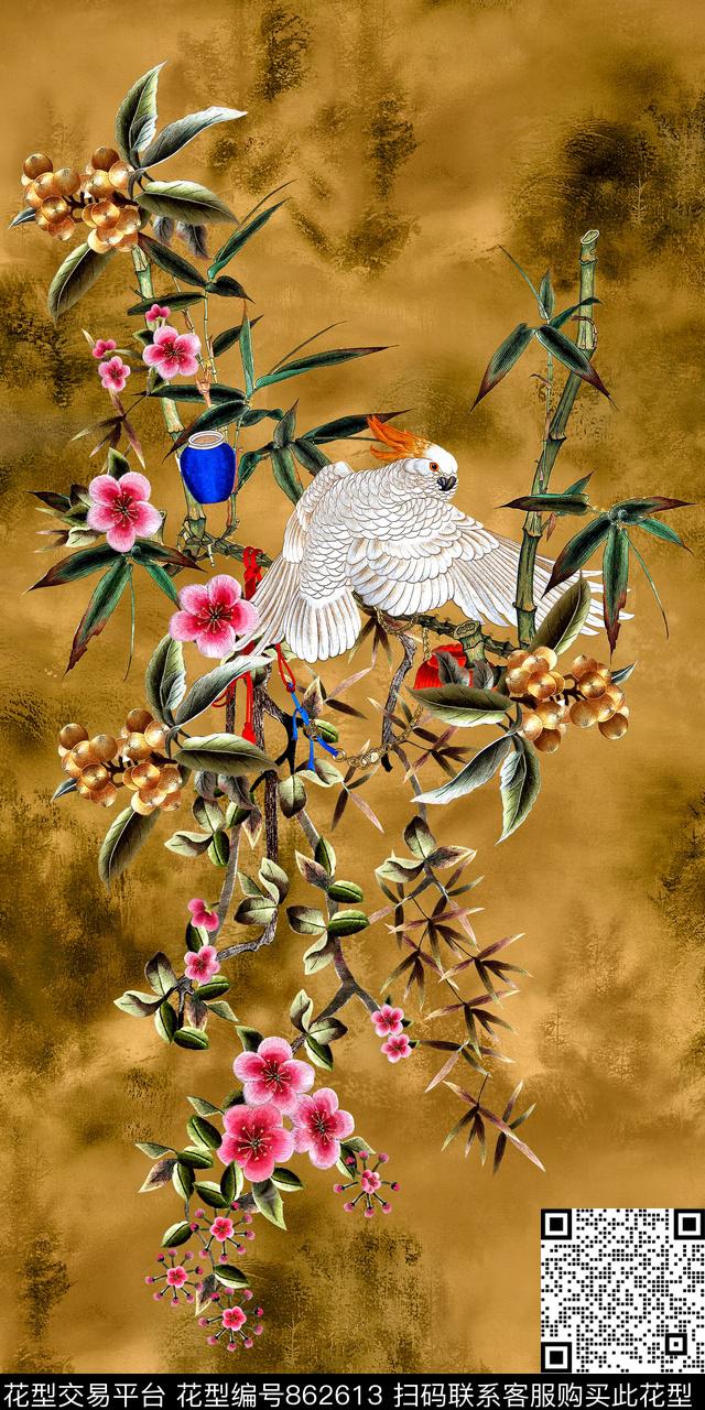 中国风竹叶桃花数码印花华亿平台下载（图片编号: 862613） - 瓦栏（Walan）