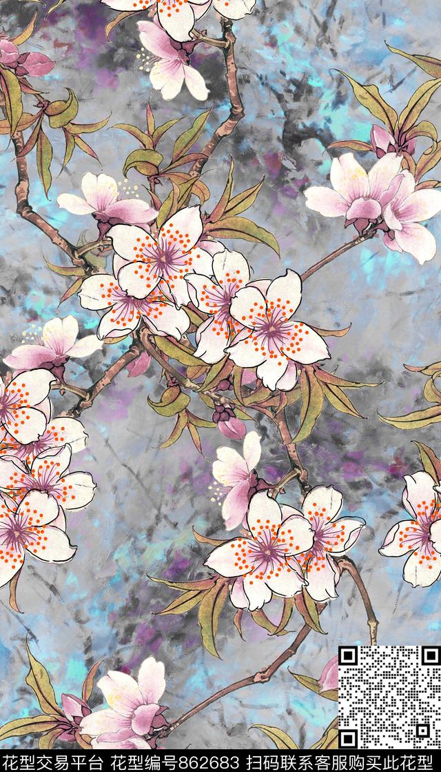 桃花手绘花中国风数码印花华亿平台下载（图片编号: 862683） - 瓦栏（Walan）