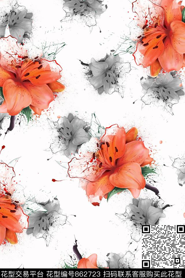 时尚手绘花卉小清新淡雅数码印花华亿平台下载（图片编号: 862723） - 瓦栏（Walan）