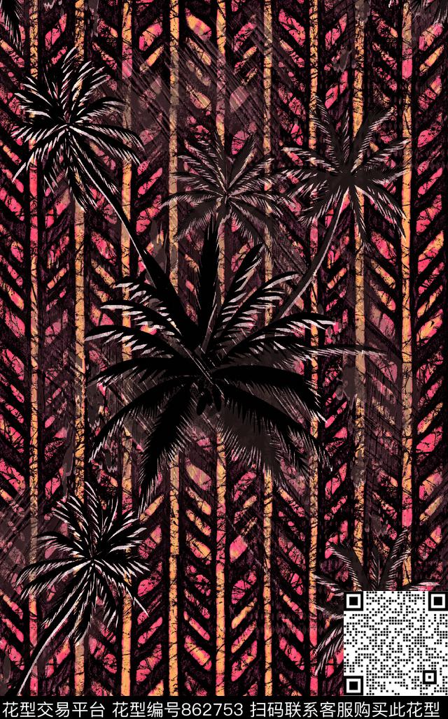 热带条纹椰子树数码印花华亿平台下载（图片编号: 862753） - 瓦栏（Walan）